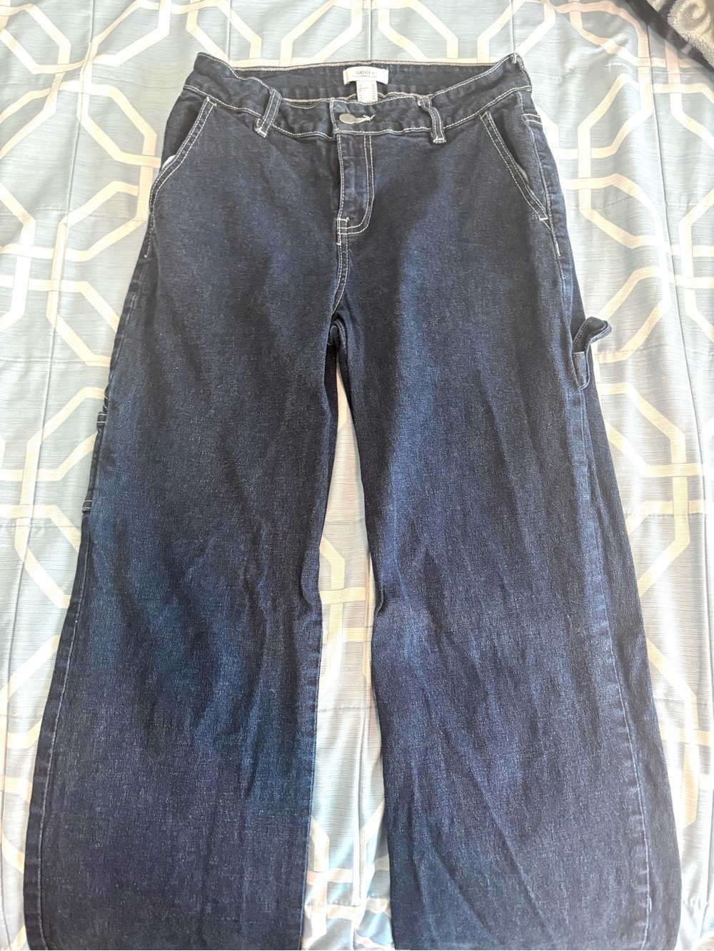 Forever 21 Dark Blue Wide-Leg Carpenter Jeans